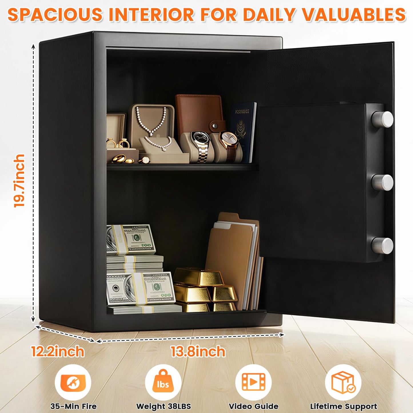 3.6 cu ft Large Fire Proof Safe Box for Home Use, 35Lb Fireproof Safe with Fire Insulation & Backup Combination Lock, Heavy Duty Security Safe for Cash Passport Firearm Valuable, Anti-Theft Wall Mount