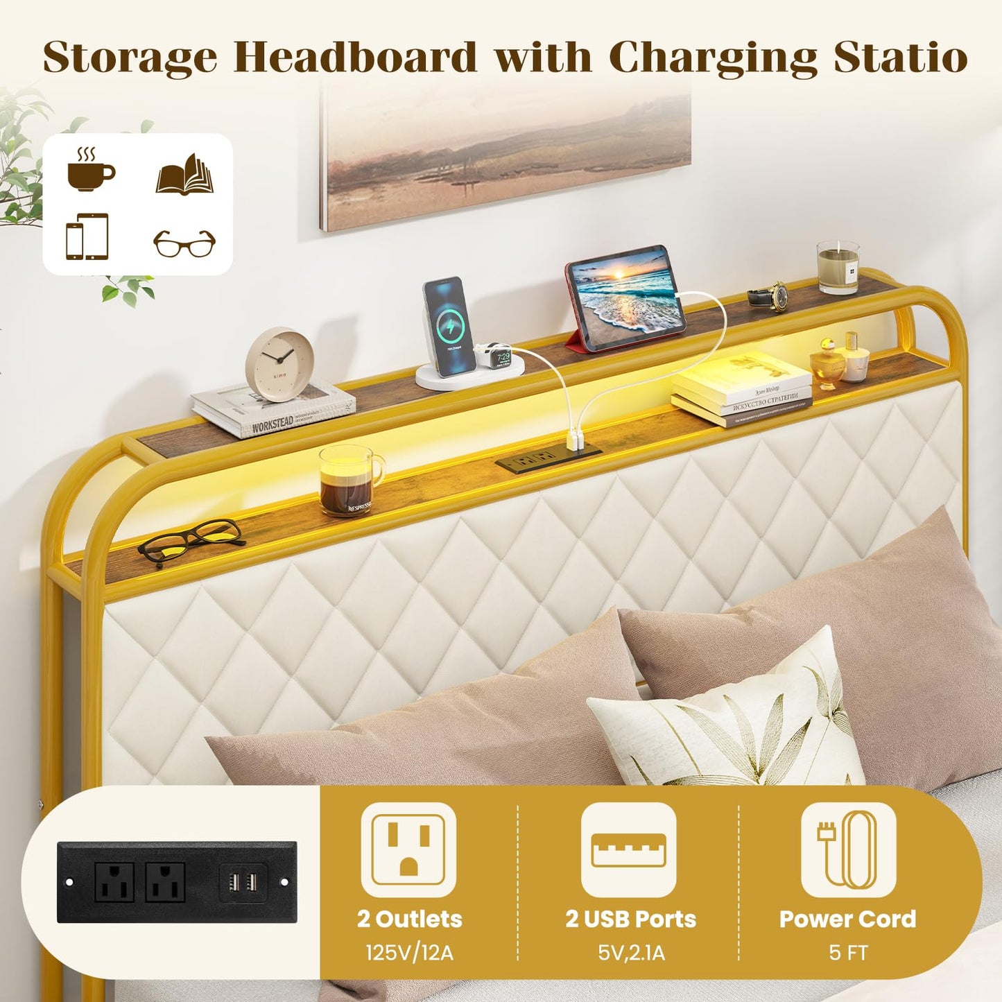 Giantex Queen Bed Frame with 4 Storage Drawers and Charging Station, Queen Size Platform Bed w/LED Lights & Linen Upholstered Headboard, No Box Spring Needed, Metal Queen Storage Bed, Gold & Beige