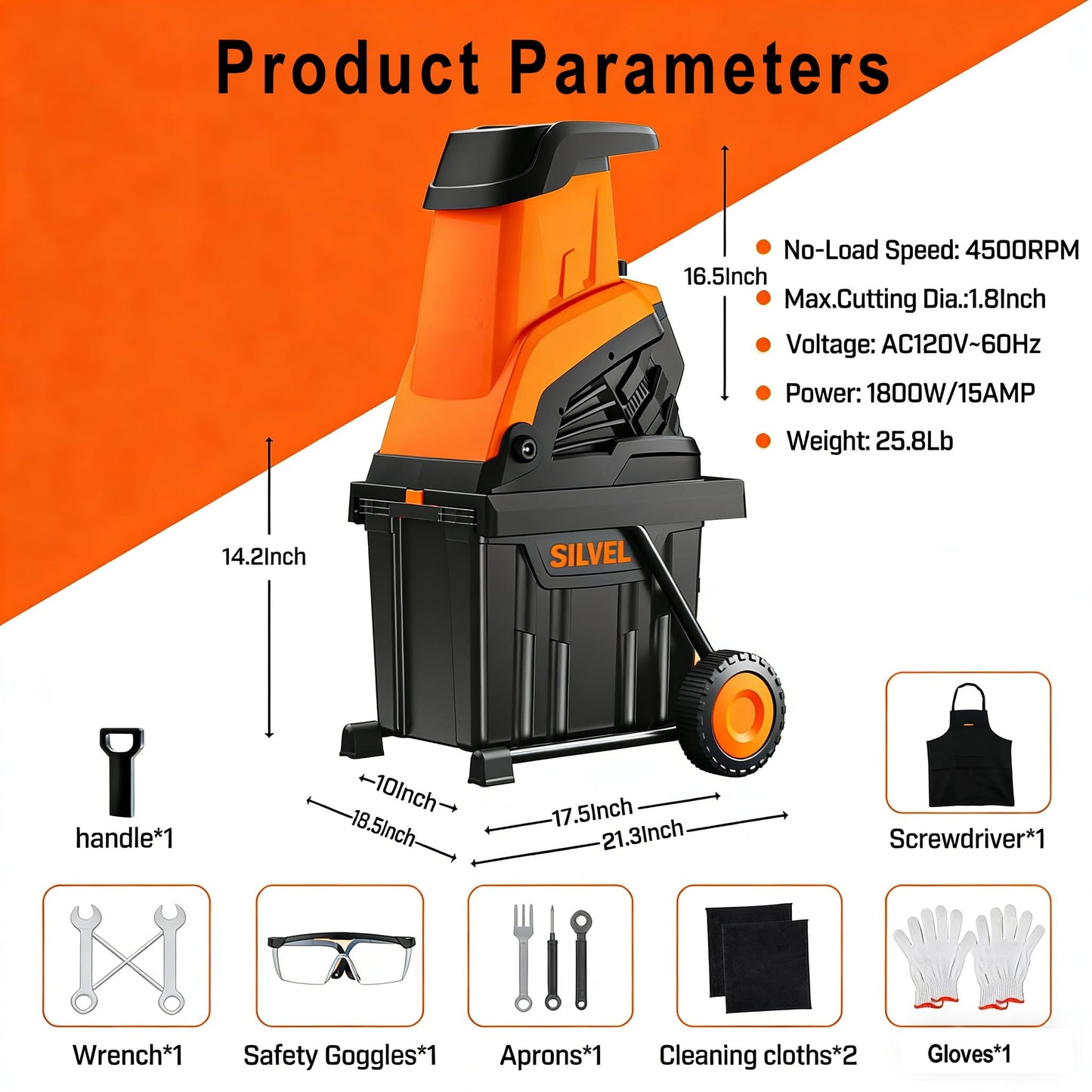 SILVEL Wood Chipper Shredder,1800W Cutting Diameter of 1.77 inch with 10 Gallon Large Collection Bin, 15-Amp Electric Wood Chipper Shredder for Fast Cleanup, Ideal for Branches, Garden Waste