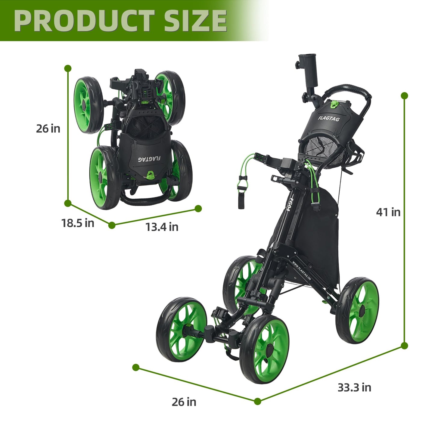 FLAGTAG Golf Push Cart 4-Wheels,Folding Golf Cart, Golf Pull cart with Cup Holder,Umbrella Holder,Cooler Bag, Foldable with one-Click,Handle Height Adjustable,Drink Holder,Walking Push cart