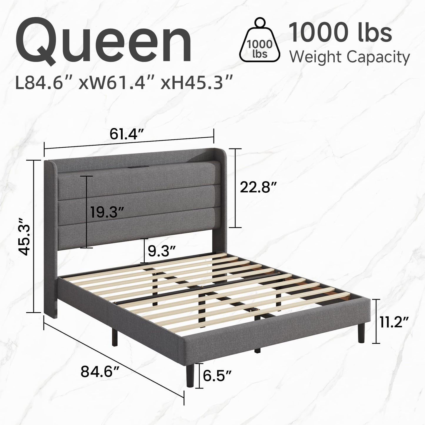 Lcwtvgxr Queen Size Linen Multifunctional Bed Frame, Wingback Headboard with Charging Station & Storage Shelf, Upholstered Platform Bed, Noise Free, No Box Spring Needed, Easy Assembly, Grey