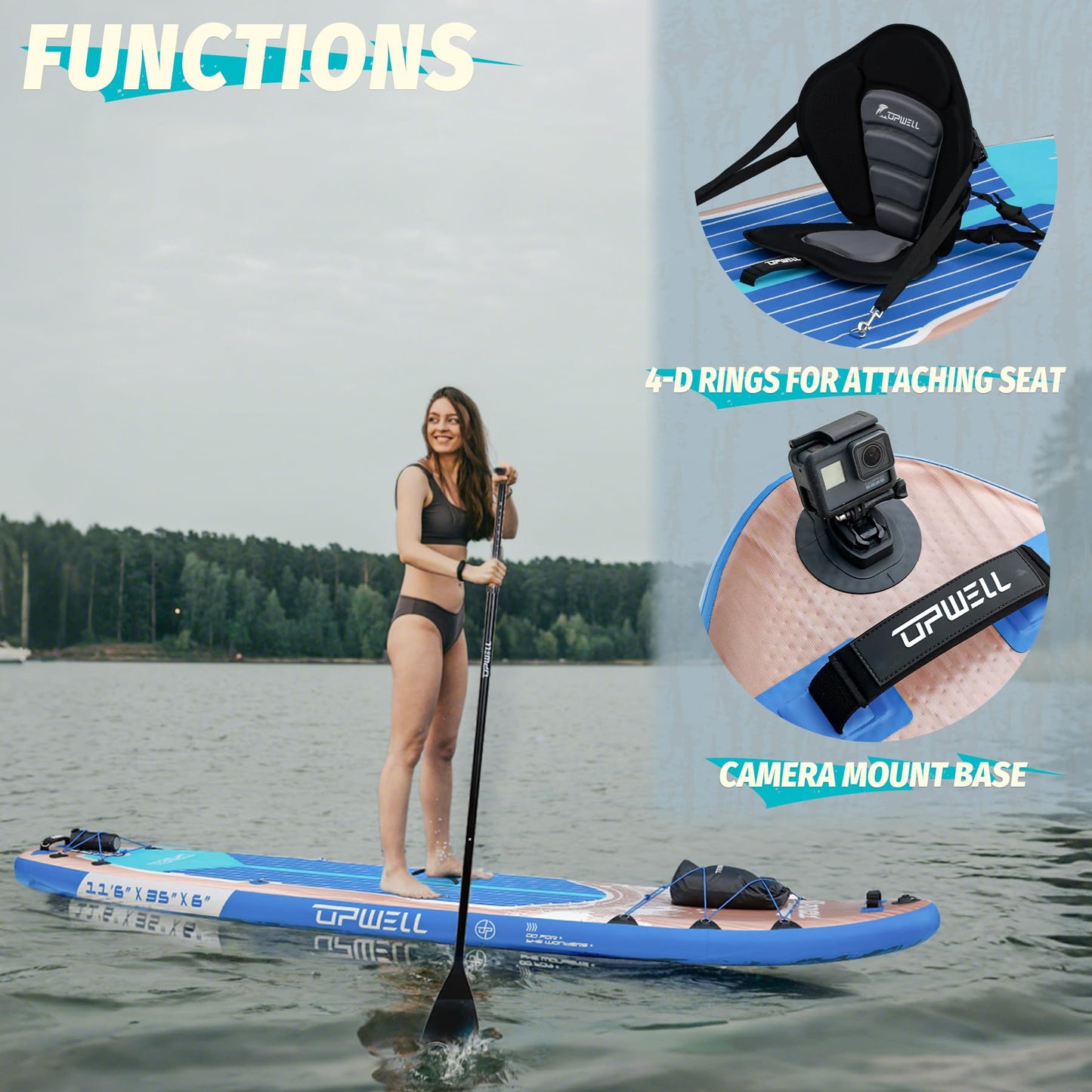 UPWELL 11'6"×35" Extra Wide Inflatable Paddle Board, Stand Up Paddle Board with Kayak Seat, Sup Paddle Boards for Adults, Cypress Blue
