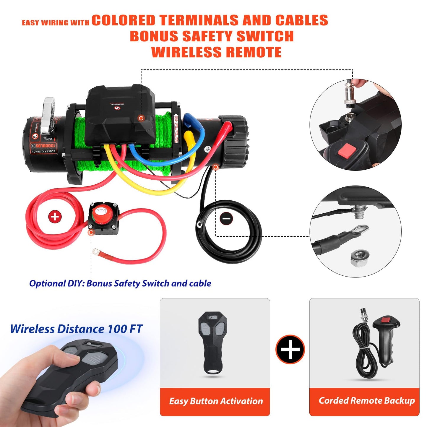 RHINOVAL 13000lb Electric Winch, Synthetic Rope Green, Battery Disconnect Switch, Low Profile Control Box, 12V, IP67 Waterproof, Wireless Remote, SUV, Truck, Boat Trailer. (RH13000A-G)