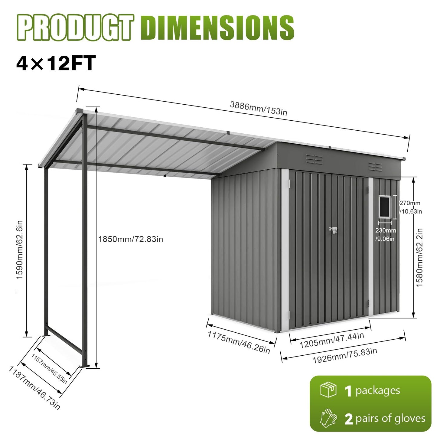 12x4FT Metal Lean-to Shed with Open-Sided Pergola, 4'x6' Outdoor Storage Shed & 6'x4' Hardtop Gazebo Combo, 2-in-1 Garden Storage Tool Shed for Patio, Backyard, Outdoor Organization Structure