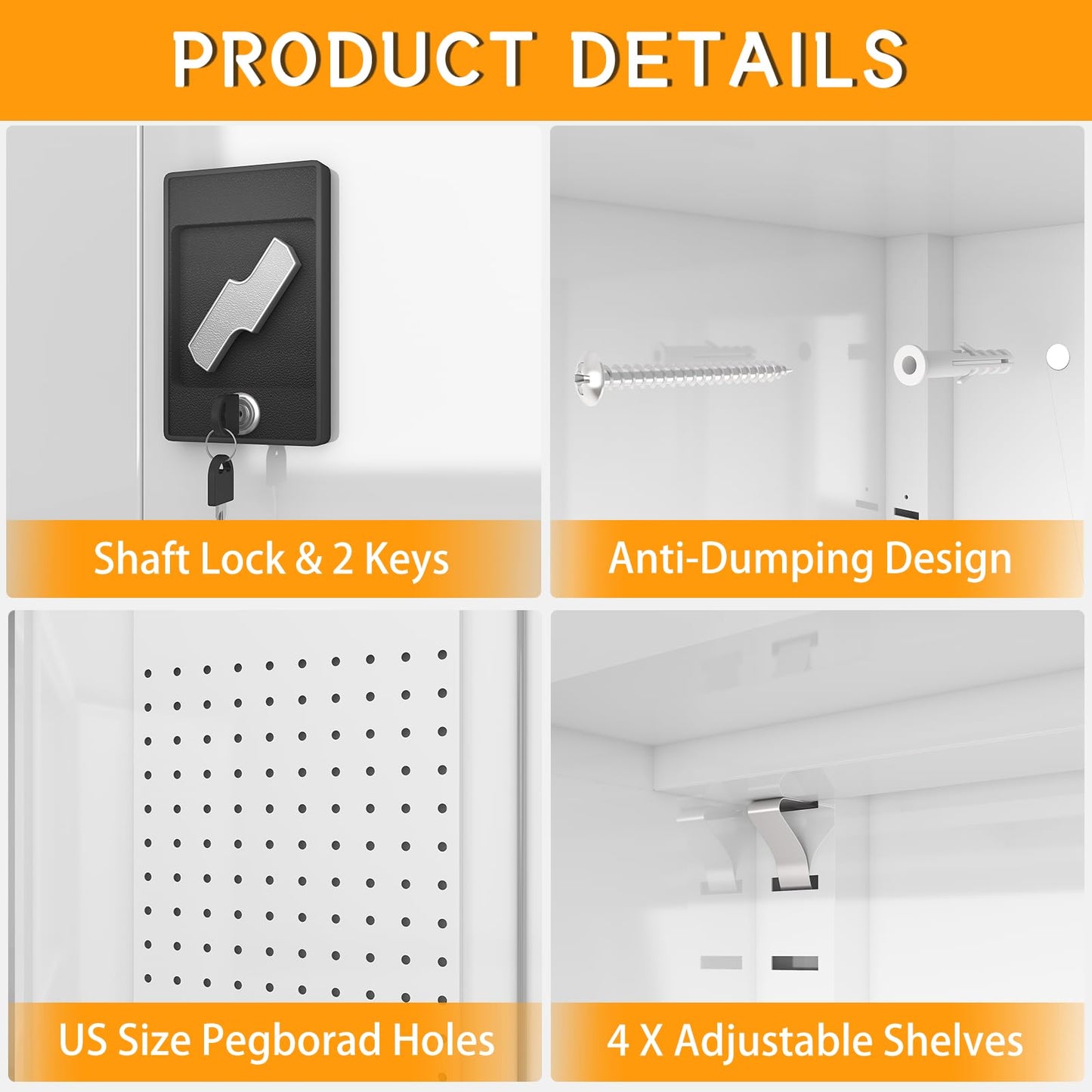 Upgraded Tall & Wide Metal Storage Cabinet with Doors & 4 Adjustable Shelves | Heavy-Duty Black Lockable Garage Cabinet with Wheels & Pegboard for Office, Gym, Basement, Warehouse (White)