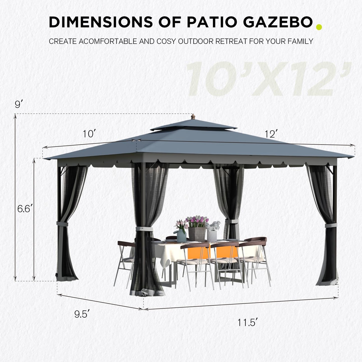 Bezseller 10x12 Outdoor Patio Gazebo with Powder-Coated Metal Frame - Stable Double-Tier Canopy with Zip Mesh Sidewalls for Backyard Dining & Entertaining, Grey