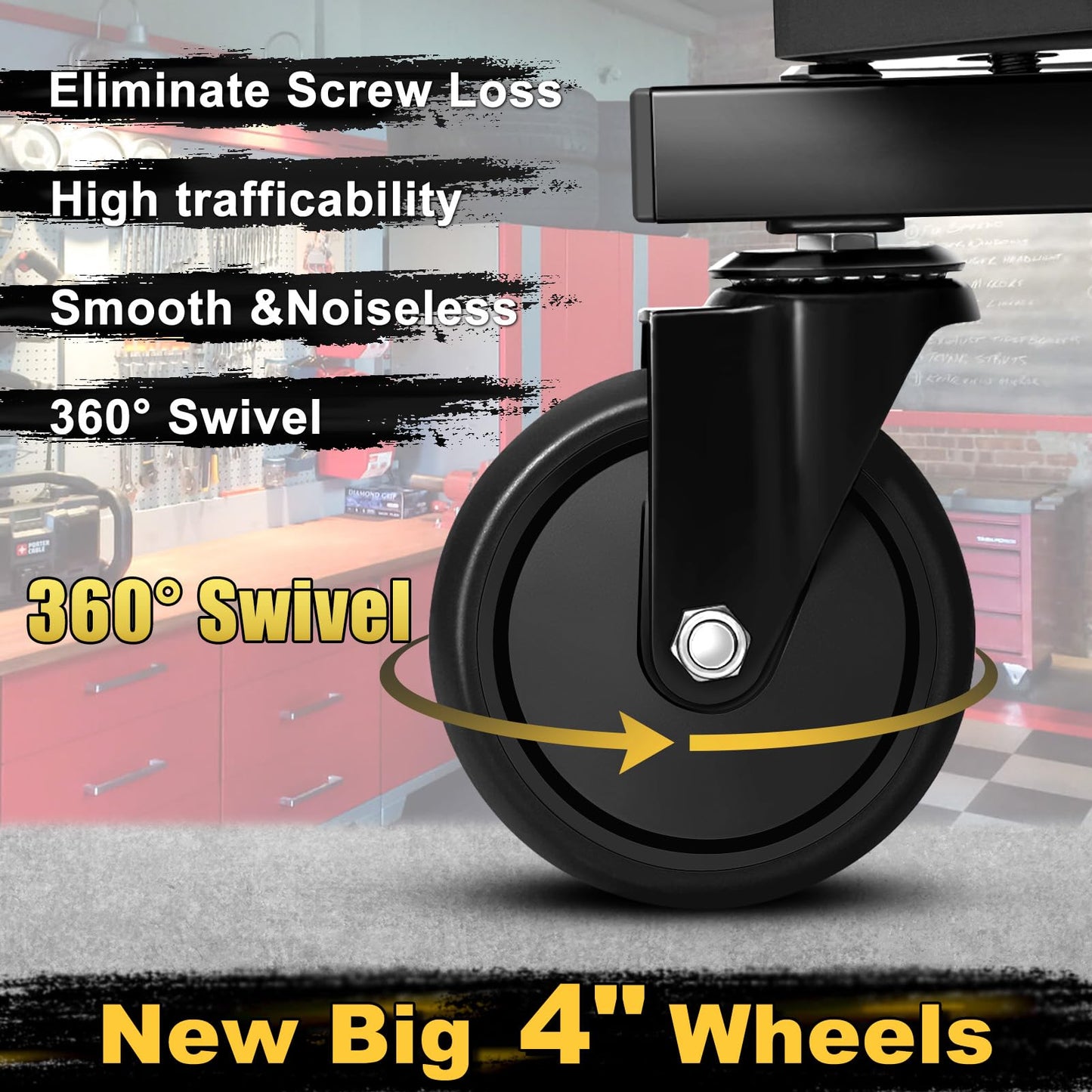 FREEKYROCK Rolling Stool with Wheels, Adjustable Height Pneumatic Garage Work Mechanic Stool Seat with Backrest, 400 LBS Capacity 360° Swivel Mechanic Crepper Chair with Tool Tray Storage, Yellow