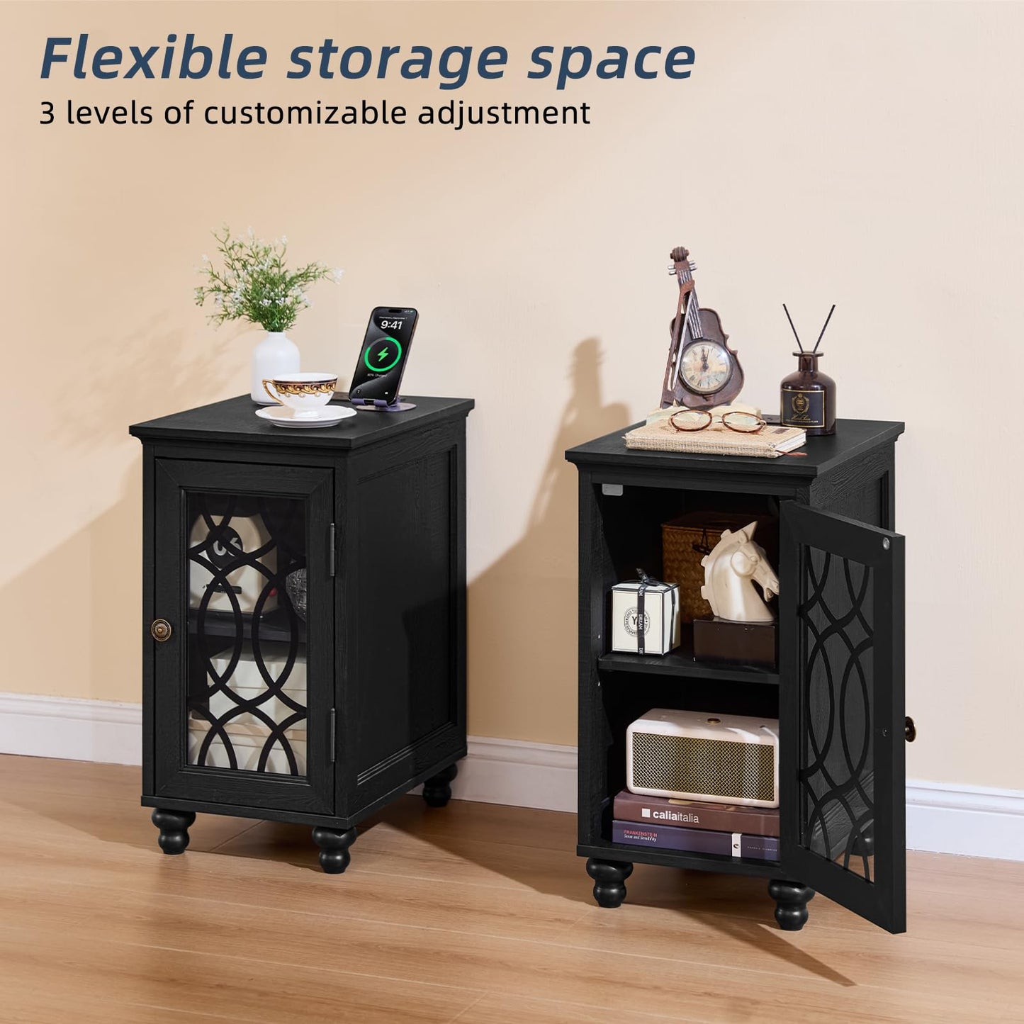 Joaxswe Narrow Side Table with Charging Station Set of 2, Night Stand with Glass Door,Bedside End Tables with Adjustable Shelf Storage Cabinet,Wood Nightstand for Small Spaces Living Room Bedroom