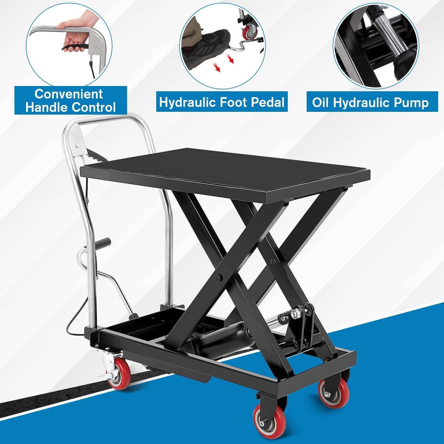 Hydraulic Lift Table Cart, 330 Lbs Capacity 28.5" Lifting Height Single Scissor Lift Table with Anti-Slip Pad & 4 Wheels for Material Handling & Transportation in Warehouse, Workshop, Black