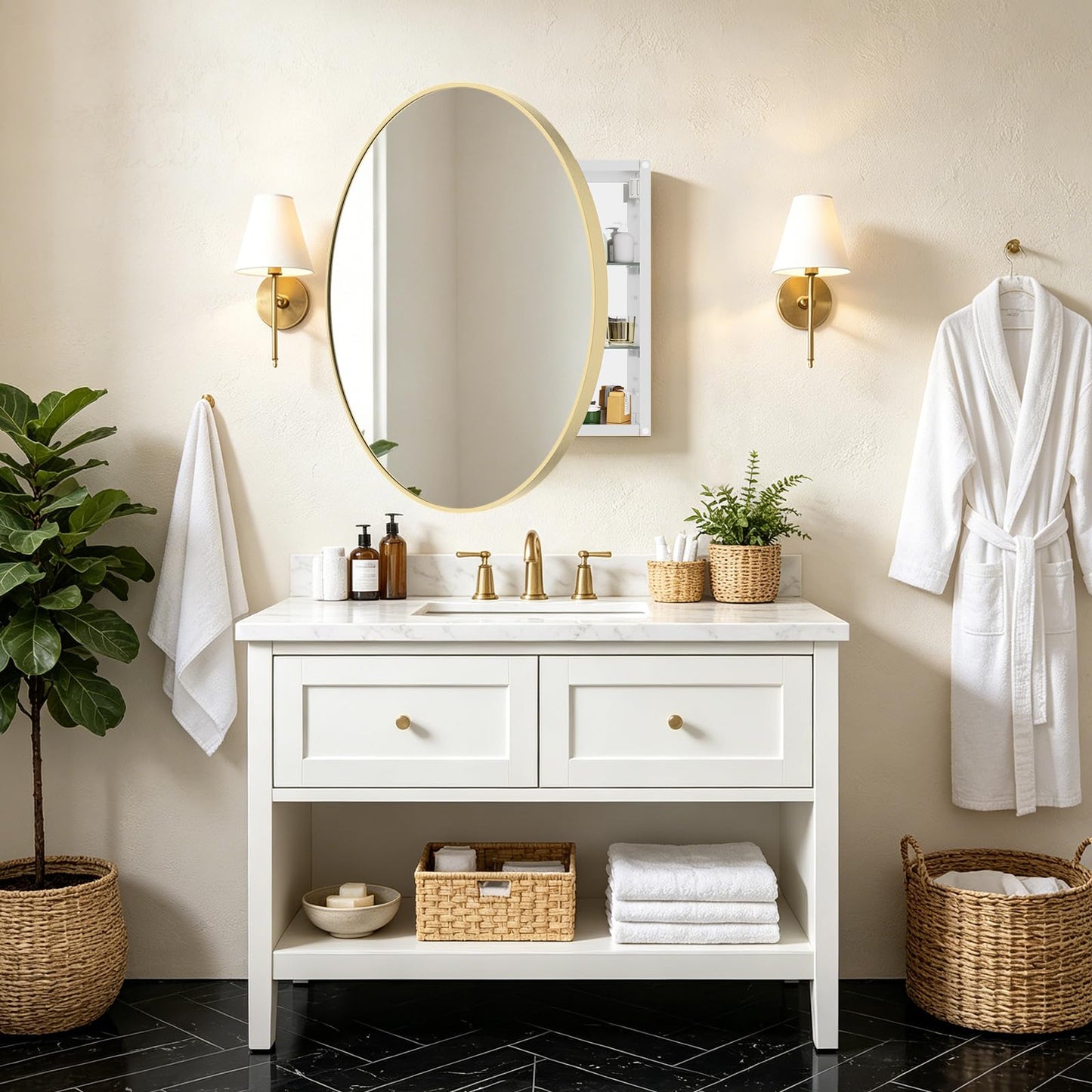 WallBeyond Bathroom Medicine Cabinet with Mirror, 28 Inch Gold Round Mirror Medicine Mabinet Wall Mounted with Aluminum Alloy Metal Framed, Surface Mount Medicine Cabinet with Storage