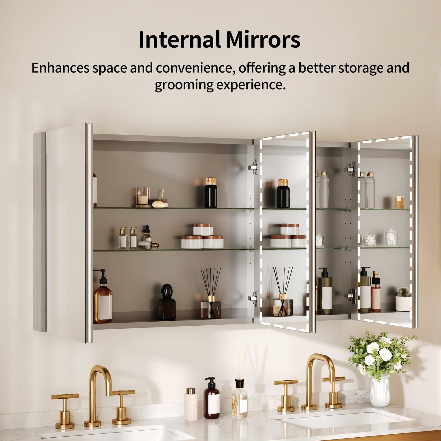 DeerValley Pre-Assembled Medicine Cabinet with Mirror, 48" W x 26" H Bathroom Mirror with Storage, 3 Doors Frameless Modern Wall Mount Mirrored Medicine Cabinets with 2 Adjustable Shelves DV-1MC0149