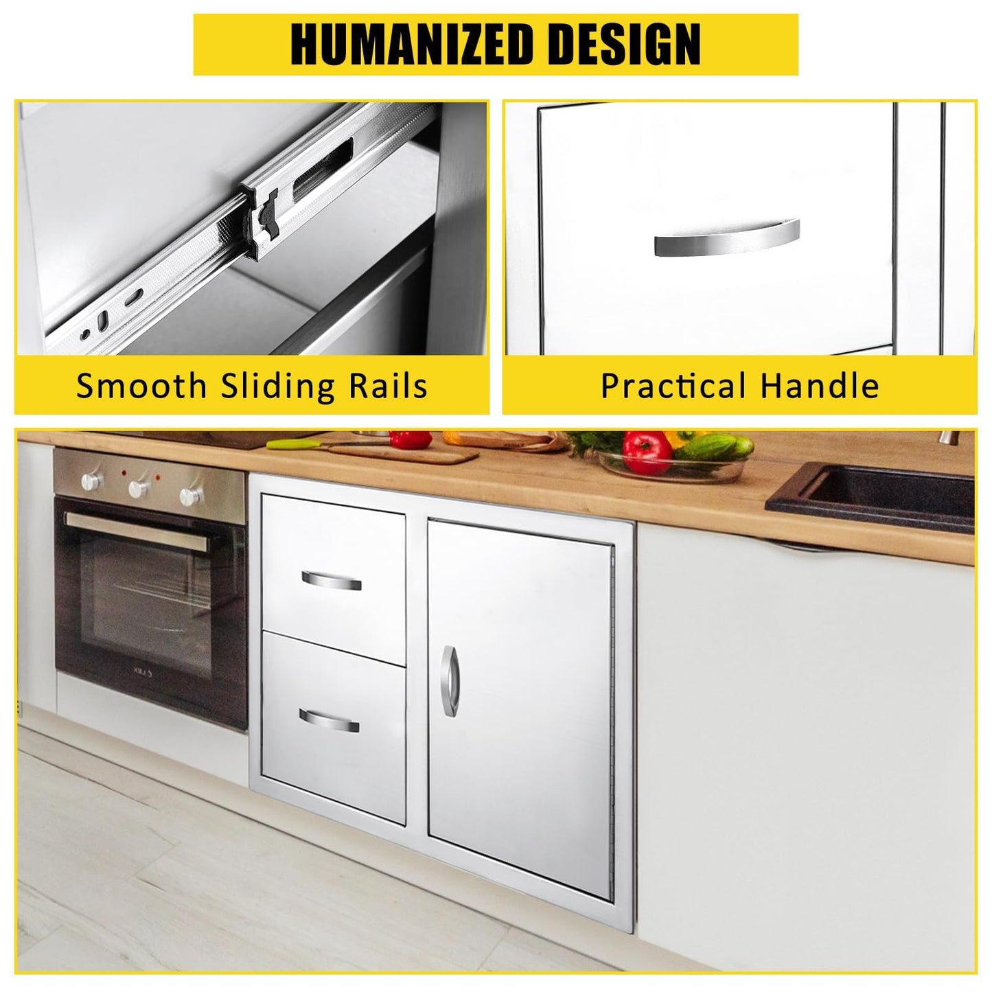  Outdoor Kitchen Drawer 33''W x 22''H x 22''D, BBQ Access Door Drawers Combo with Paper Towel Rack, Stainless Steel Outdoor Kitchen Cabinets for BBQ Island Grill Station Storage Cabinet