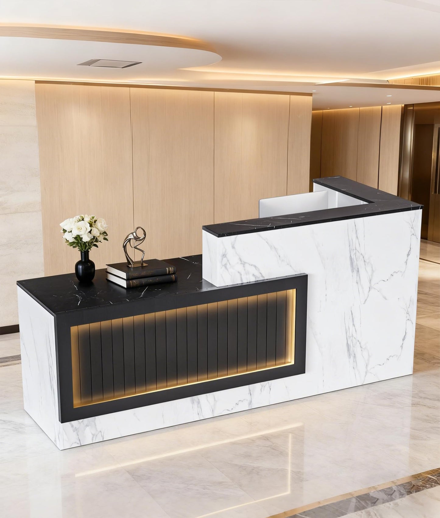 Easilywinlife Ultral 70.87IN Modern Wooden Commercial L Shaped Reception Desk with Counter, Lockable Drawers, Door Cabinet, Front Desk for Checkout, Salon, Black and White with Light, Left Cabinet