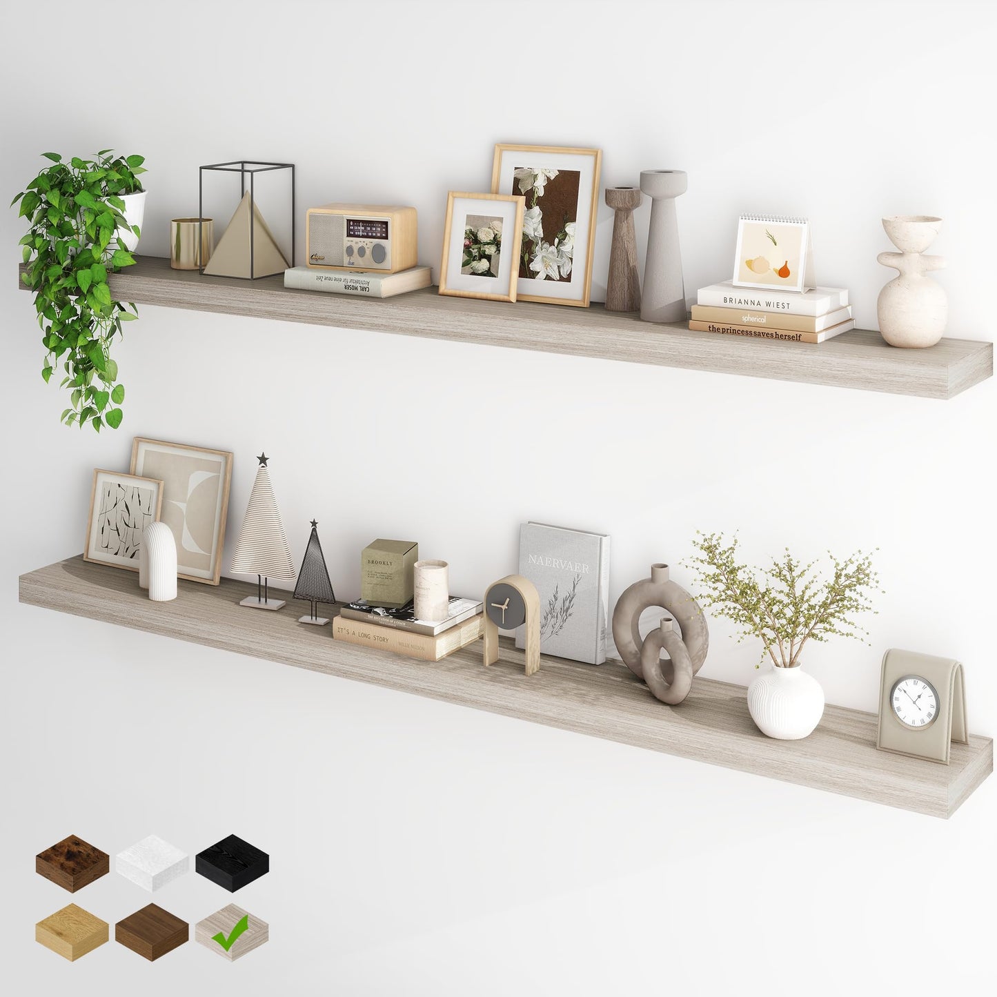 Fun Memories 72 Inch Floating Shelves, Wall Mounted Rustic Wood Floating Shelf with Invisible Brackets for Storage & Decor, 2 Pack Shelves for Bathroom,Bedroom and Kitchen, Grey