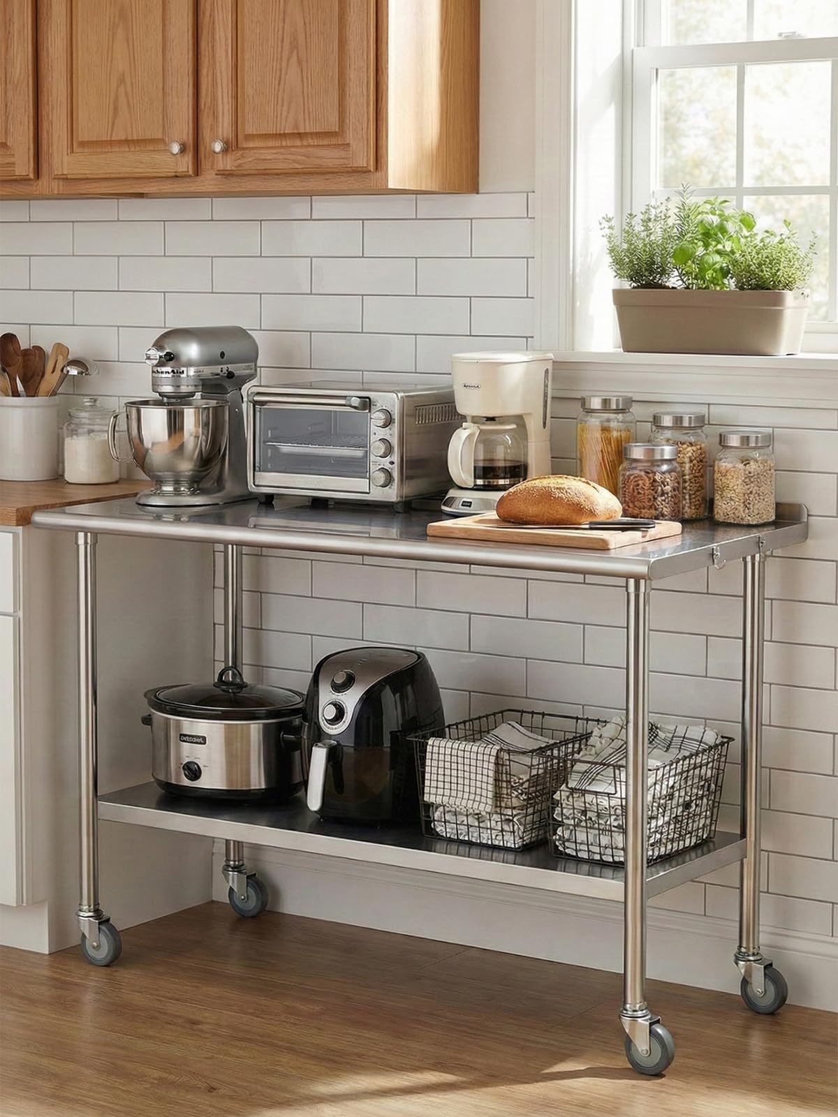 Atelicf All-Stainless Steel Prep Table, 30 x 36 Inch, with Rounded-Corner Backsplash, Casters and Adjustable Undershelf, Heavy-Duty Build for Outdoor Use, Restaurants, Kitchens, Gardens, and Garages