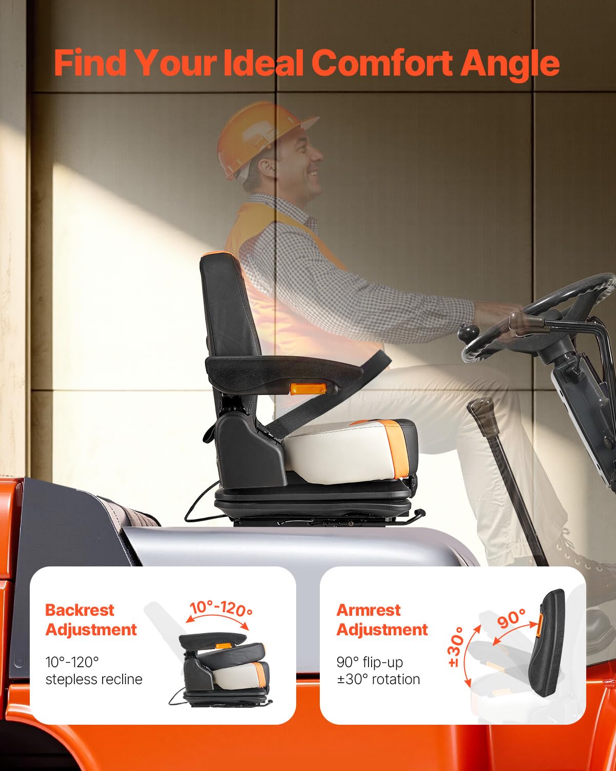 VEVOR Universal Forklift Seat, Tractor Suspension Seat with Adjustable Back, Armrest & Safety Belt, Secure Fold Down Tractor Seat with Micro Switch, Lawnmower Seat for Skid Loader Bulldozer