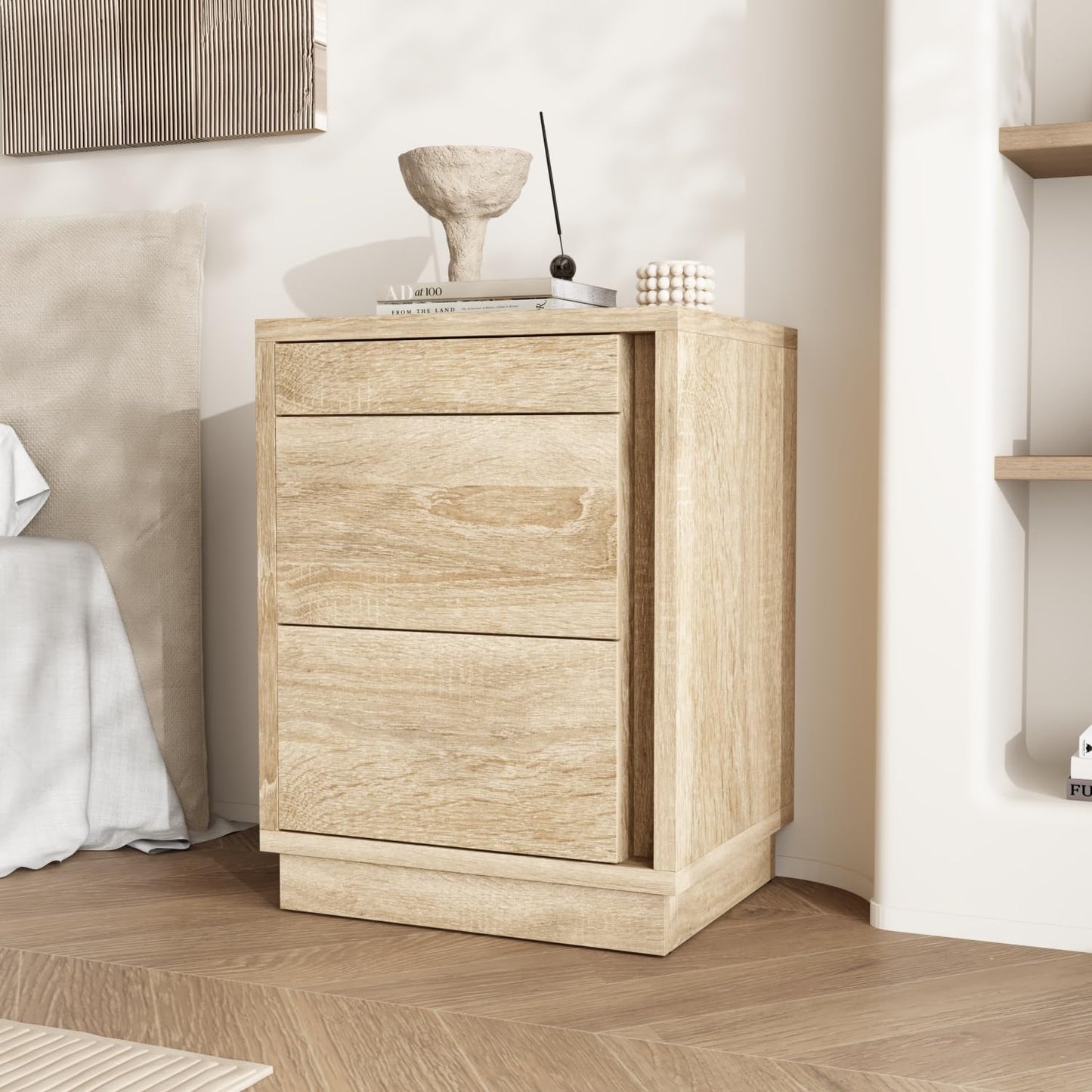 Homsee 31.3" H 4-Drawer Nightstand with Electronic Lock, Hidden Shelves & Gun Drawers, Versatile Wooden Night Stand Sofa End Bed-Side Table for Bedroom Living Room, Oak