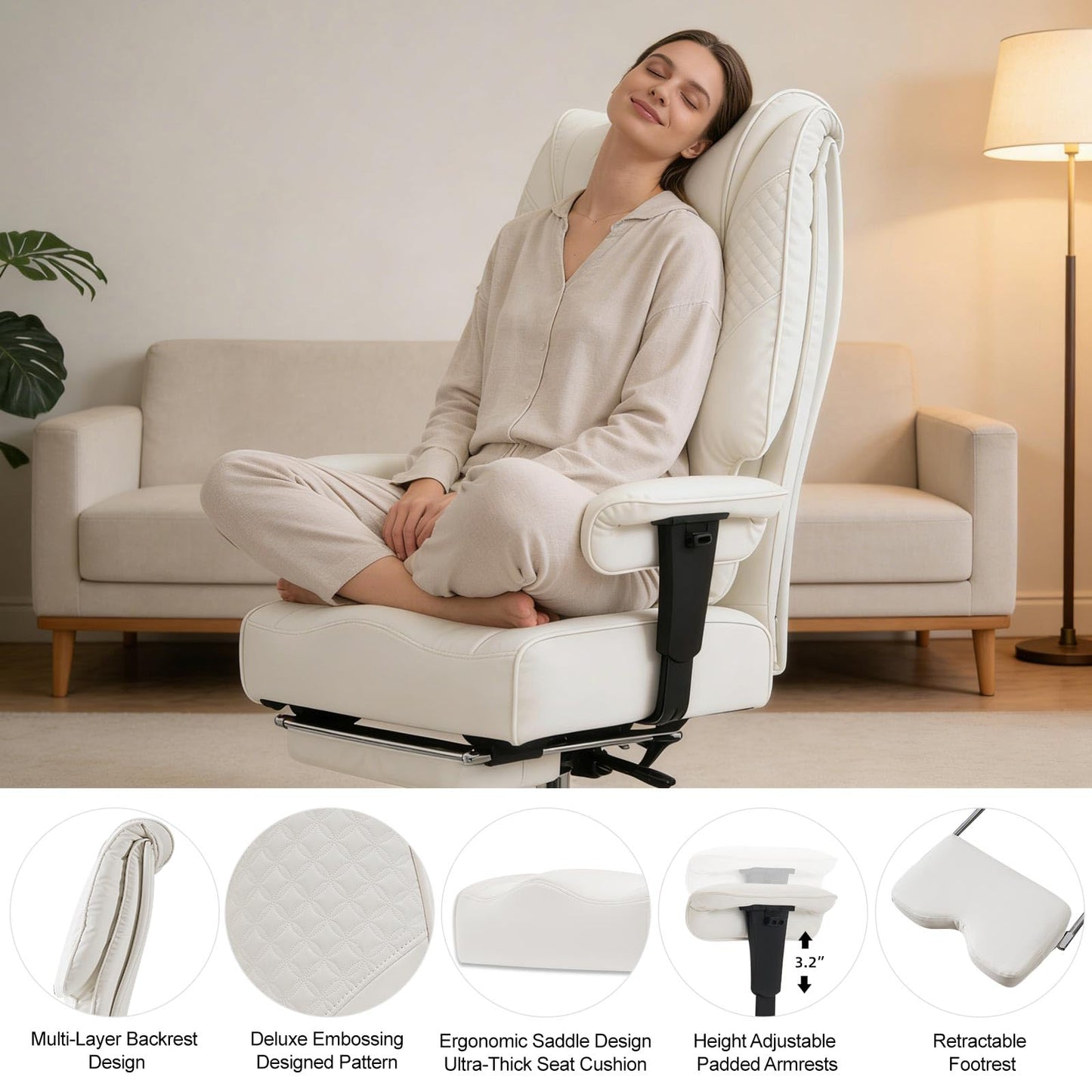 EXCEBET Big and Tall Office Chair 400lbs Wide Seat, Leather High Back Executive Office Chairs with Foot Rest, Ergonomic Lumbar Support for Lower Back Pain Relief (White)