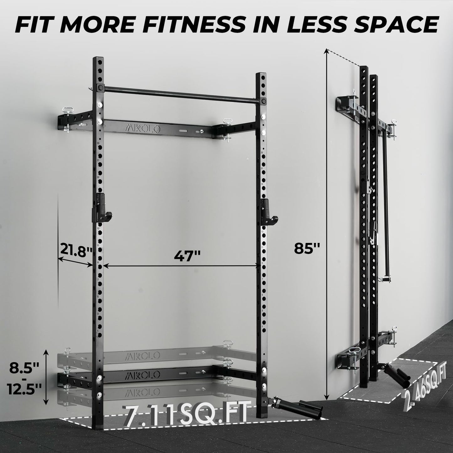 Mikolo 2" x 2" Folding Wall Mounted Squat Rack, 1000 Pounds Capacity Power Rack with Safety Catches, Pull Up Bar, J Hooks and Landmine Attachment, Space-Saving Home Gym(Black
