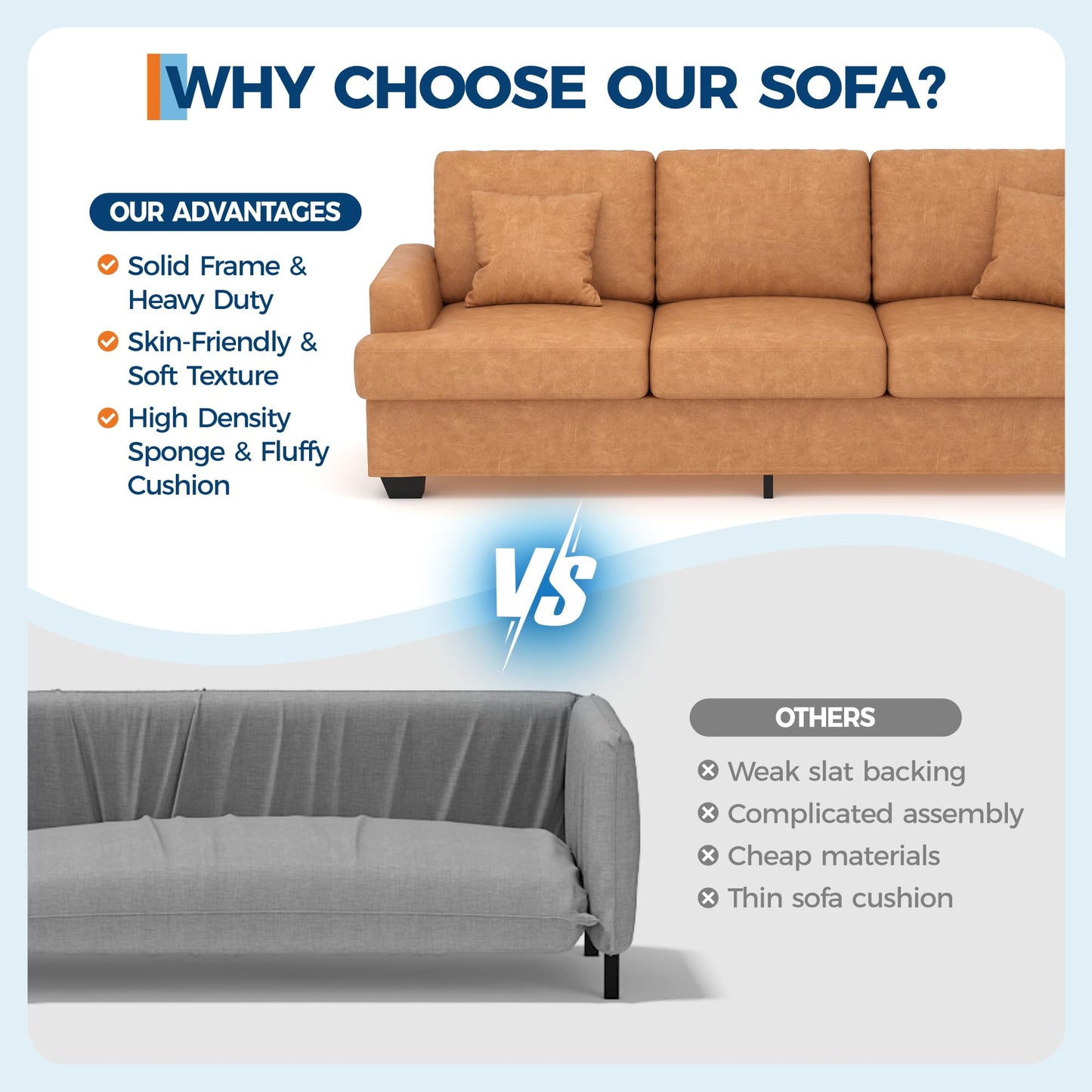 Garvee 86" Faux Leather Sofa, Modern Deep Seat Couch with 2 Throw Pillows, Upholstered Cushion & Removable Cover, Comfy Leather Couch for Small Space, Apartment, Living Room Lounge, Brown