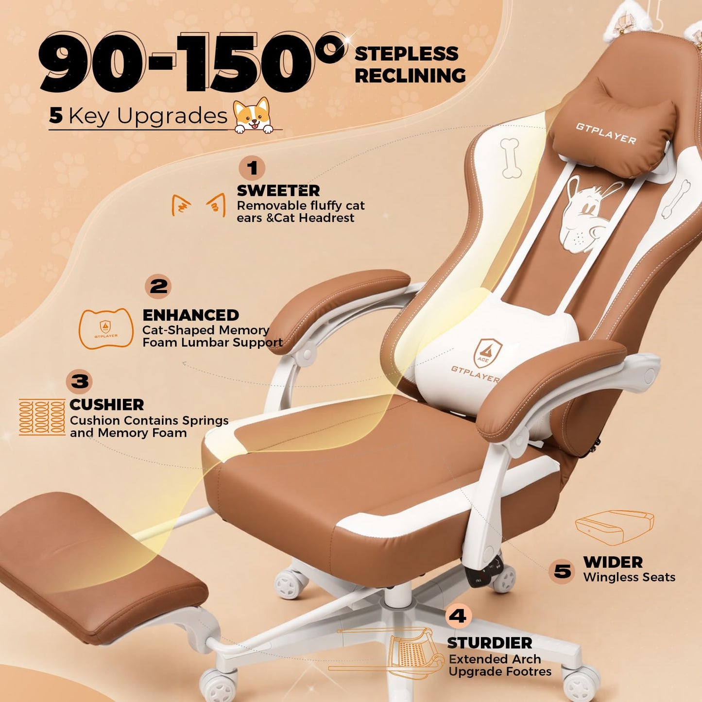 GTPLAYER Gaming Chair Cute with Cat Ears Ergonomic Computer Chair with Dog Embroidery Adjustable Memory Foam Lumbar Support and Headrest Comfortable Reclining Office Chair for Girls, Teens, Women