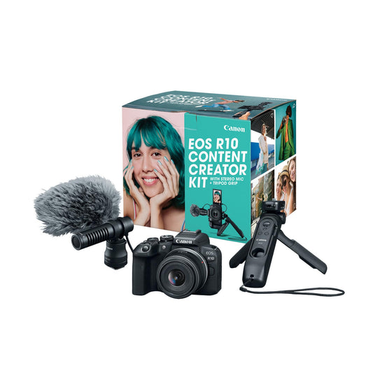 Canon EOS R10 Content Creator Kit, Mirrorless Vlogging Camera with RF-S18-45mm F4.5-6.3 is STM Lens, Tripod and Stereo Microphone, 24.2 Megapixel CMOS (APS-C) Sensor, 4K Video, Black