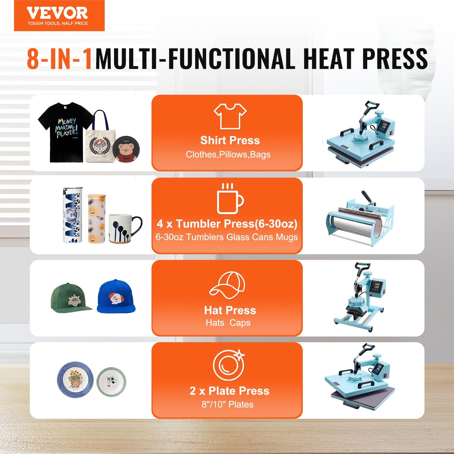 VEVOR Heat Press 15x15 inch, 5 in 1 T-Shirt Cap Hat Mug Press, Combo Tumbler Heat Press for plate Sublimation, Green