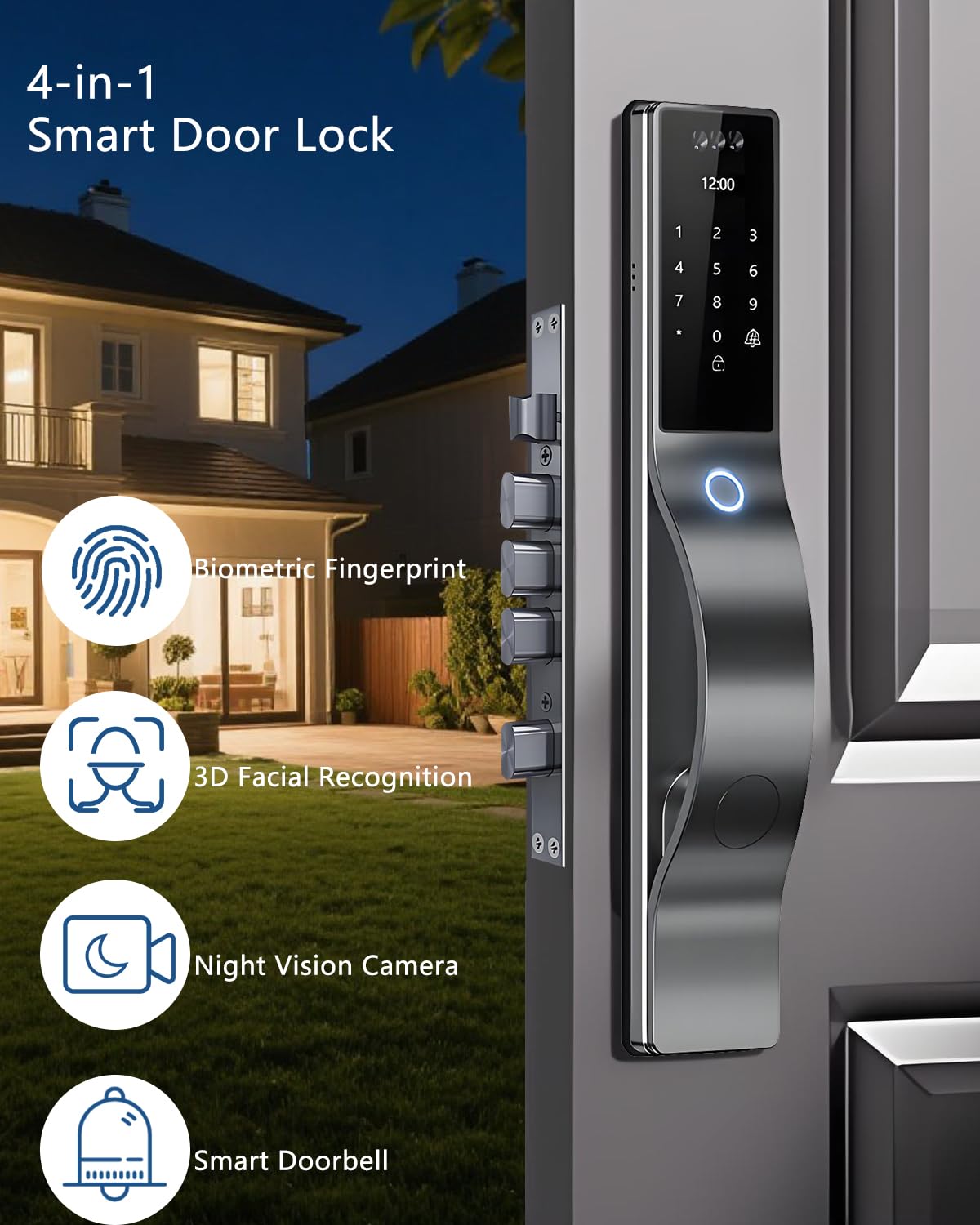 TianfuSpanda 3D Face Recognition Door Lock with Lockbody, Video Smart Lock with Camera&Doorbell, Front Door Keyless Entry Lock, WiFi&Tuya APP Control/Fingerprint/IC Card/Password/Keys