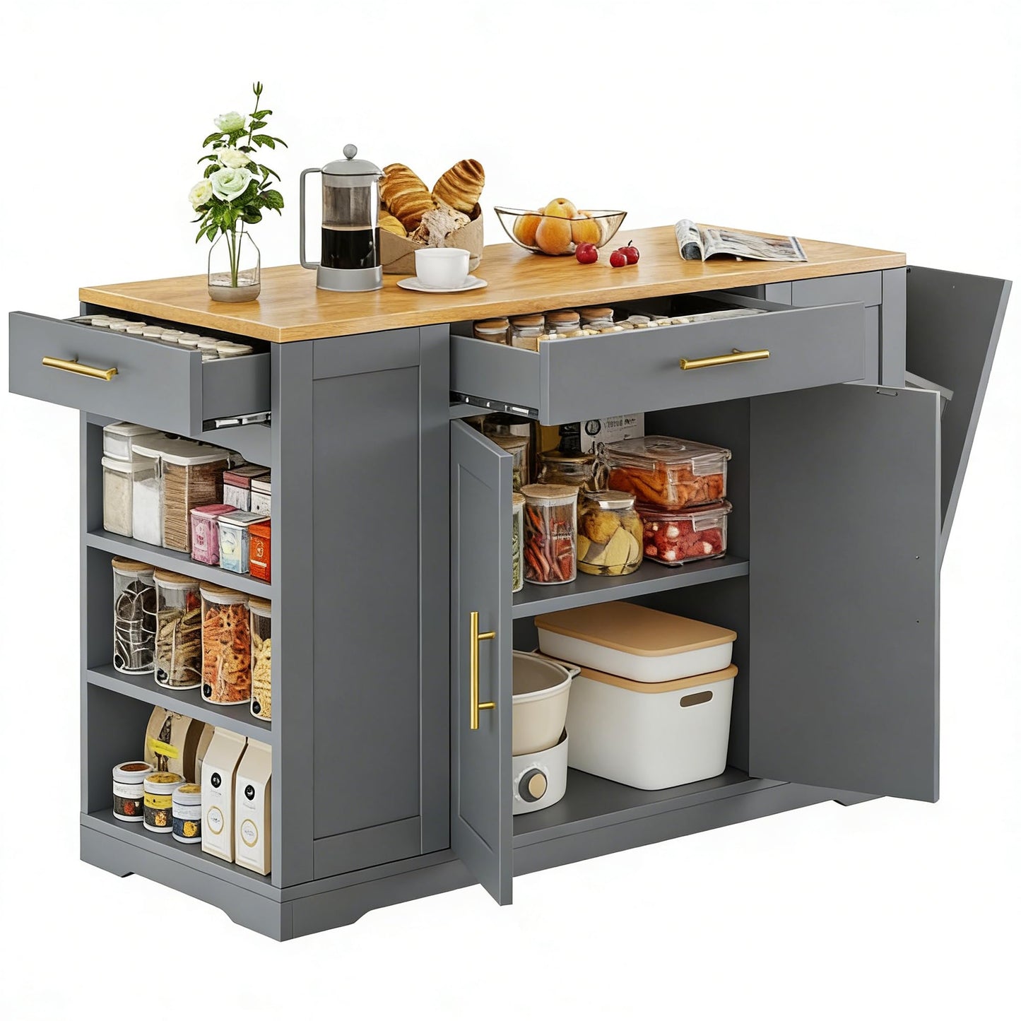 DWVO Large Kitchen Island with Trash Can Cabinet, 53 Inch Kitchen Island on Wheels, Rolling Island with Tilt-Out Garbage Storage Fits 13 Gallon Bin, Spice Rack and Drawer, for Dining Room, Gray