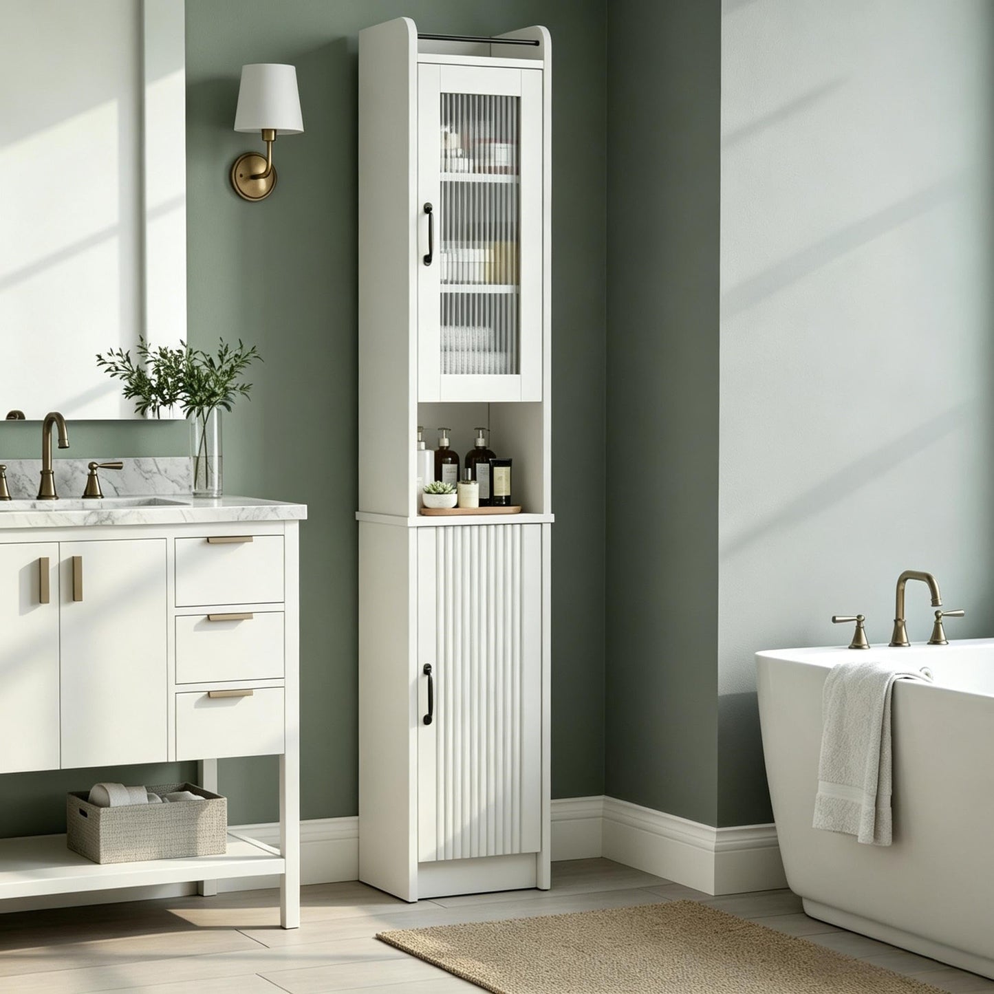 Baztin 71" H Tall Bathroom Storage Cabinet, Narrow Bathroom Cabinet with Glass Door Slim Cabinet with Adjustable Shelf Skinny Linen Tower Thin Linen Storage for Small Space, Cream White
