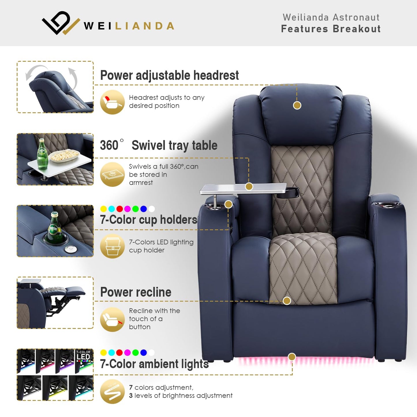 Weilianda Home Theater Seating, Top Grain Leather Zero Gravity Recliner Chair, Power Headrest Recline Movie Seat Gaming 7 Colors Mood Light Sofa with Tray Table Row of 1 Blue Grey
