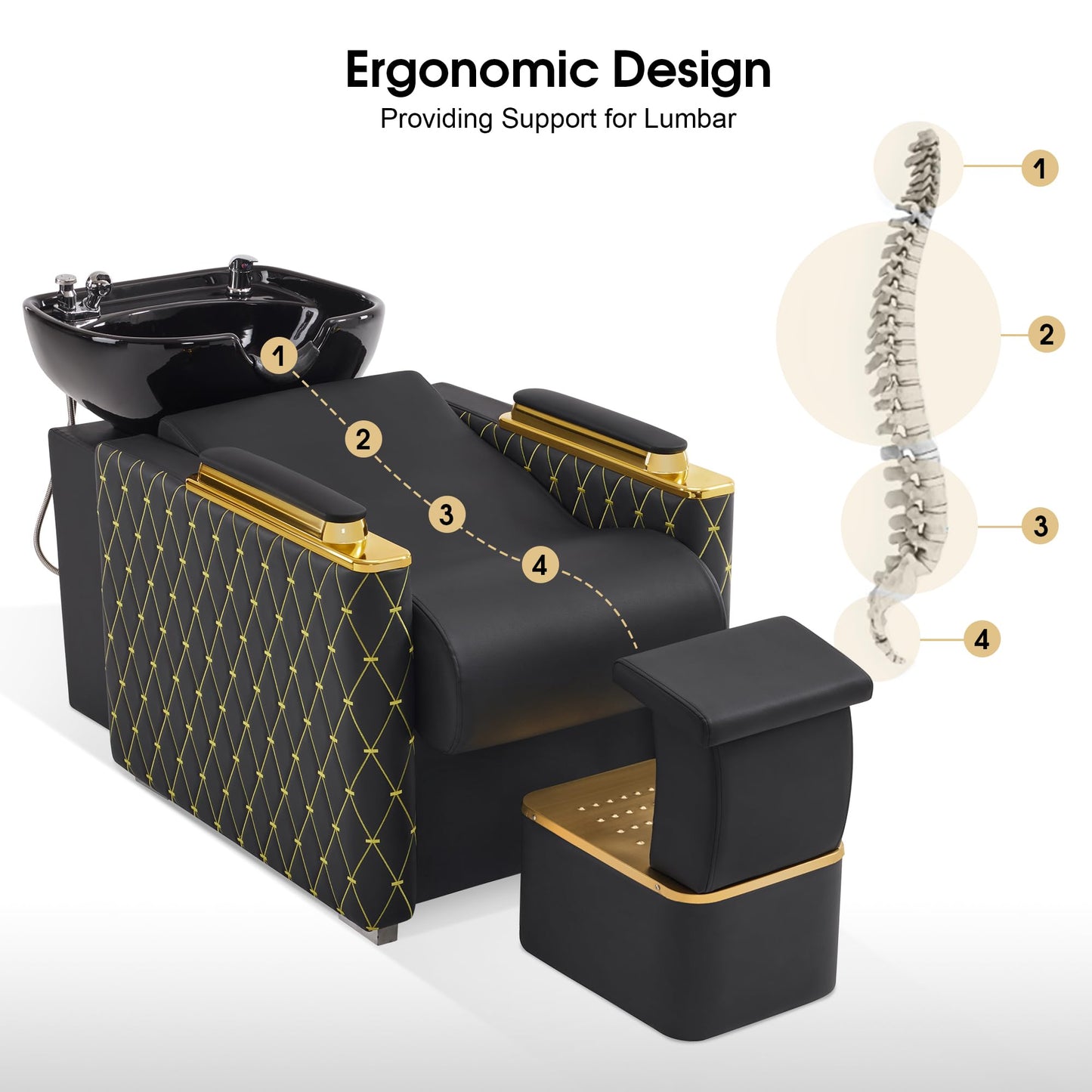 BarberPub Backwash Shampoo Station Chair with Porcelain Ceramic Hair Wash Bowl, Vacuum Breaker, Professional Black&Gold Shampoo Chair for Salon and Spa 8613 (Black&Gold)