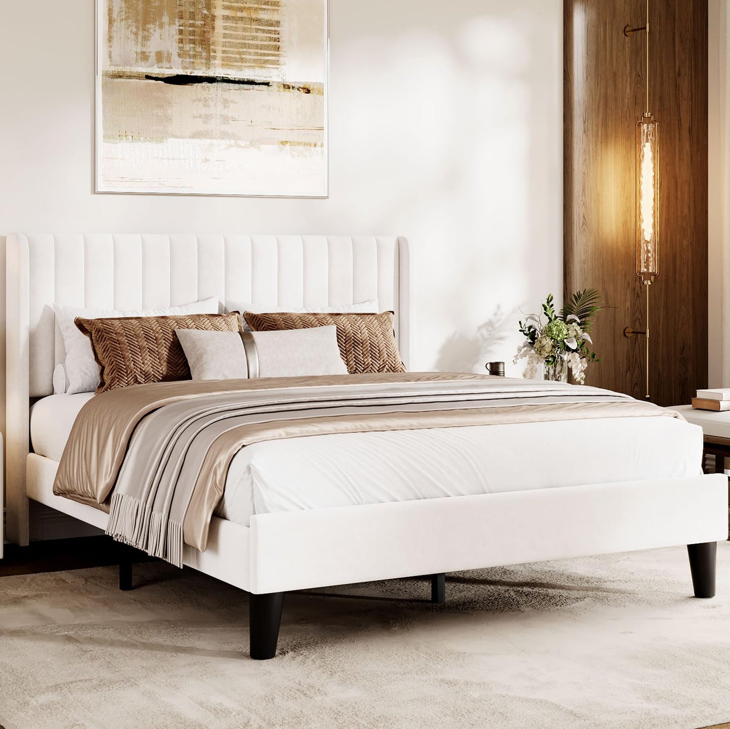IDEALHOUSE Full Size Velvet Bed Frame/Vertical Channel Tufted Wingback Headboard/Upholstered Platform Bed/Wood Slats/No Box Spring Needed/Easy Assembly/White