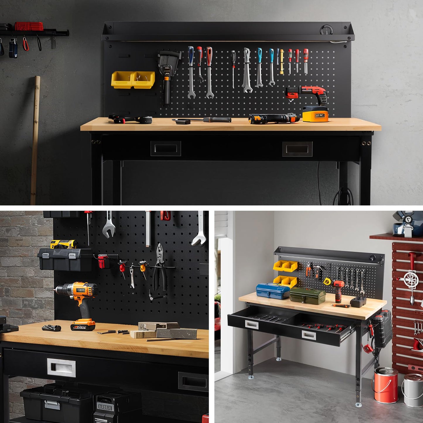MUWOOD 60" Workbench with Drawers, Work Benches for Garage with Strip Light, Adjustable Work Table with Large Pegboard, 2000 LBS Heavy Duty Table with Power Outlet Rubber Wood for Garage