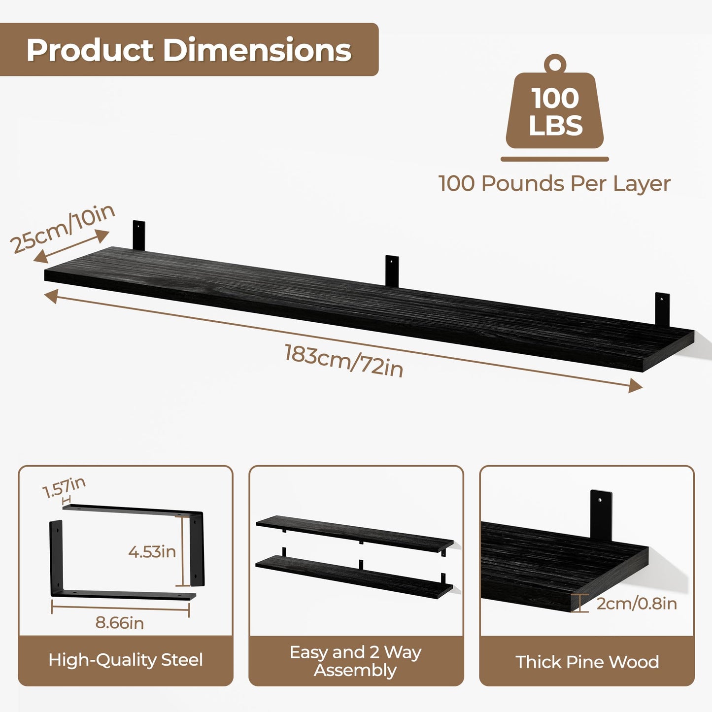 ONOTETUT 10x72 Inch Black Floating Shelves for Wall,2-Pack Rustic Long Floating Bookshelf,6ft Solid Wood Large Wall Shelf for Bathroom Bedroom (Black)