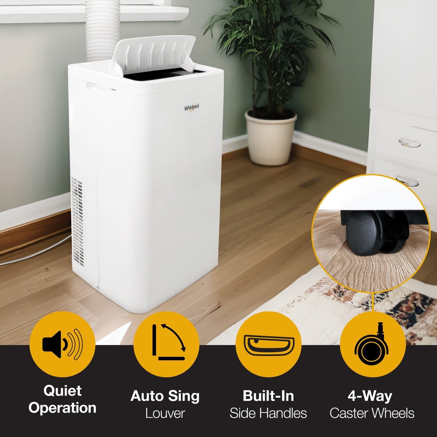 Whirlpool 14,000 BTU Portable Air Conditioner with Dehumidifier for Living Room, Apartment, or Bedroom, 115V, Portable AC for Large Rooms up to 700 Square Feet with Remote, 3 Speeds, and Timer, White