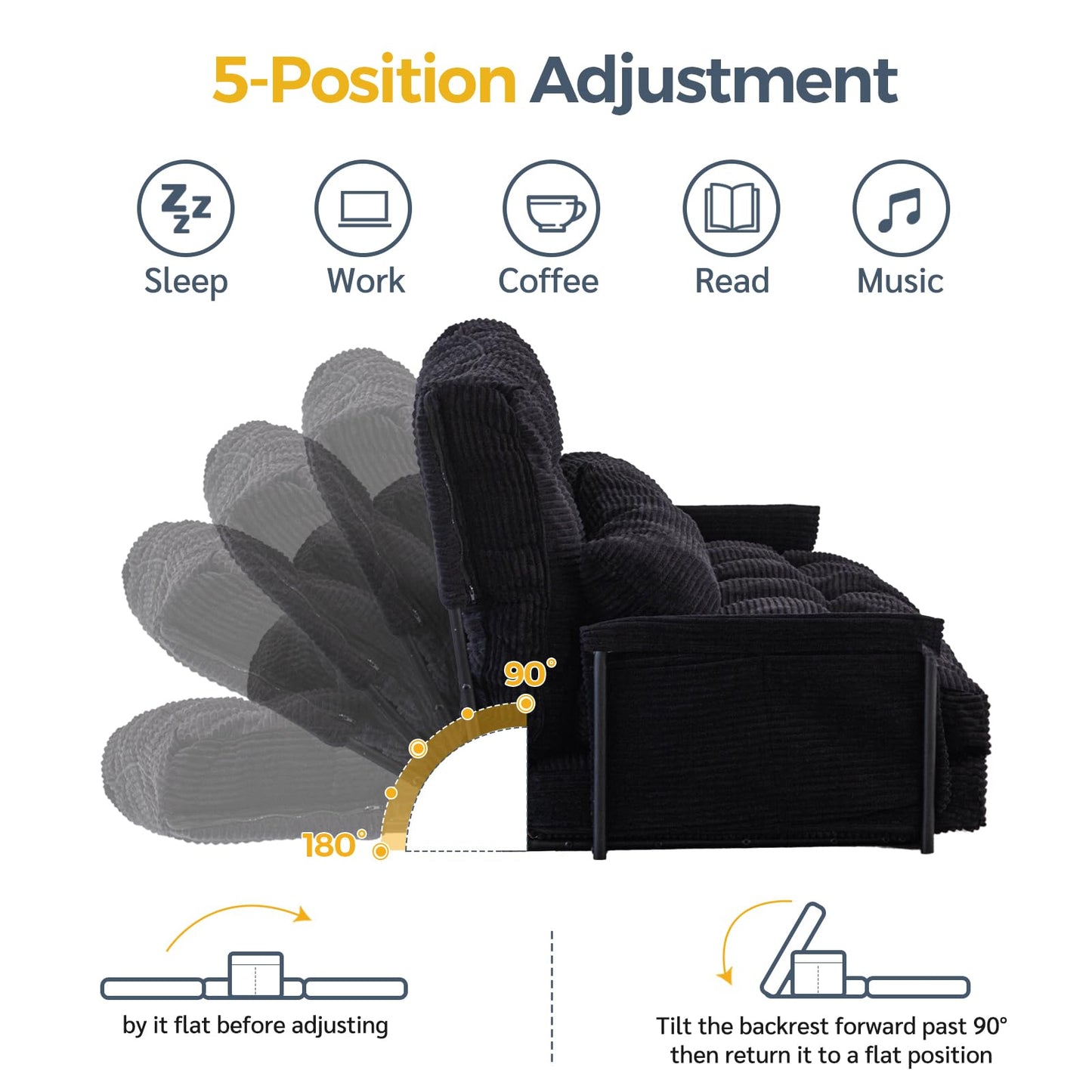 MAXYOYO Adjustable Floor Sofa Couch with 2 Pillows, Multi-Functional Bean Bag Bed, 5-Position Foldable Lazy Sofa Bed with Armrest, Versatile Floor Seating for Reading, Black, Double