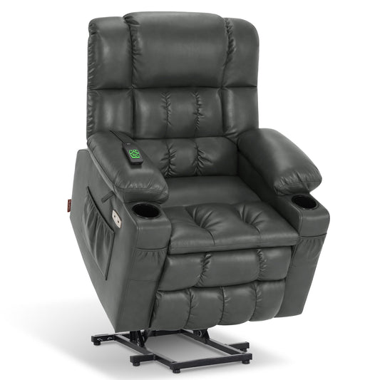MCombo Dual Motor Power Lift Recliner Chair for Elderly, Lay Flat Lift Chair with Heat and Massage, Cup Holders, USB Ports, Faux Leather 7890 (Grey, Medium)