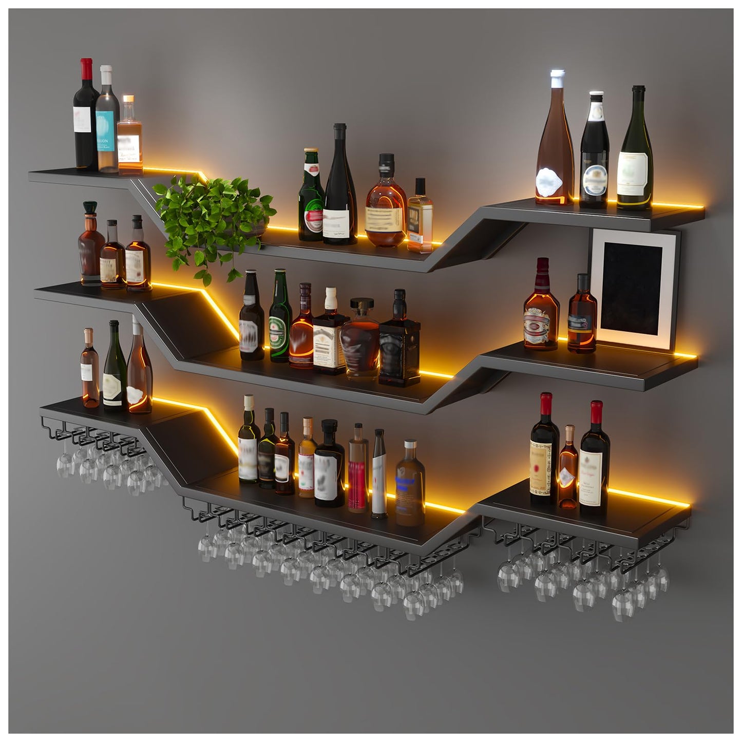 55.1in Modern LED Wine Rack Wall Mounted, 3-Tier Floating Bar Shelves with Wine Glass Rack, Large Hanging Liquor Shelf Wall Mounted, for Home Bar Dining Room Cafe Decorative (Black, 55.1in/140cm)