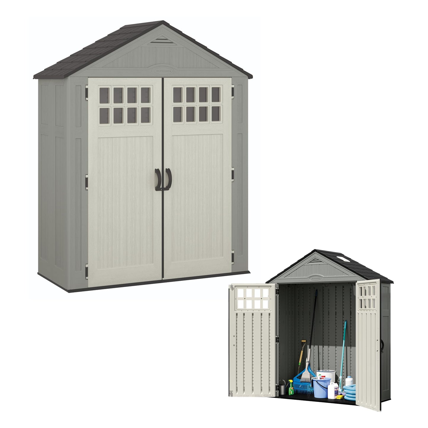Suncast Everett 6x3 ft Vertical Storage Shed - Resin Outdoor Garden Shed with Floor, Windows, Skylight & Lockable Double Doors. Slim Yard Storage for Utility Tools & Backyard Equipment
