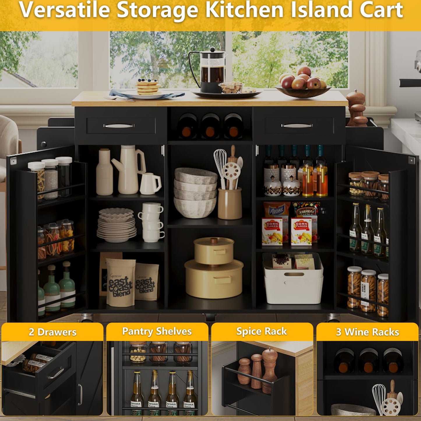 knoworld 51.5'' Rolling Kitchen Island with Storage Cabinet & Drawers, Drop Leaf Kitchen Cart on Wheels, Farmhouse Portable Mobile Islands, Large Butcher Block Table with Tower/Spice Rack, Black