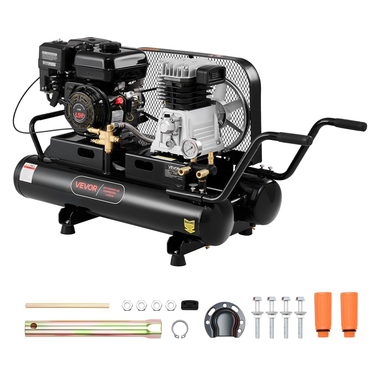 VEVOR 9 Gallon Twin-Tank Gas Powered Air Compressor, 6.5HP 9CFM Gas Driven Air Compressor Tank on Wheels, Max 115PSI Piston Pump Air-Compressed System for Tire Inflation, Auto Repairs, Spray Painting