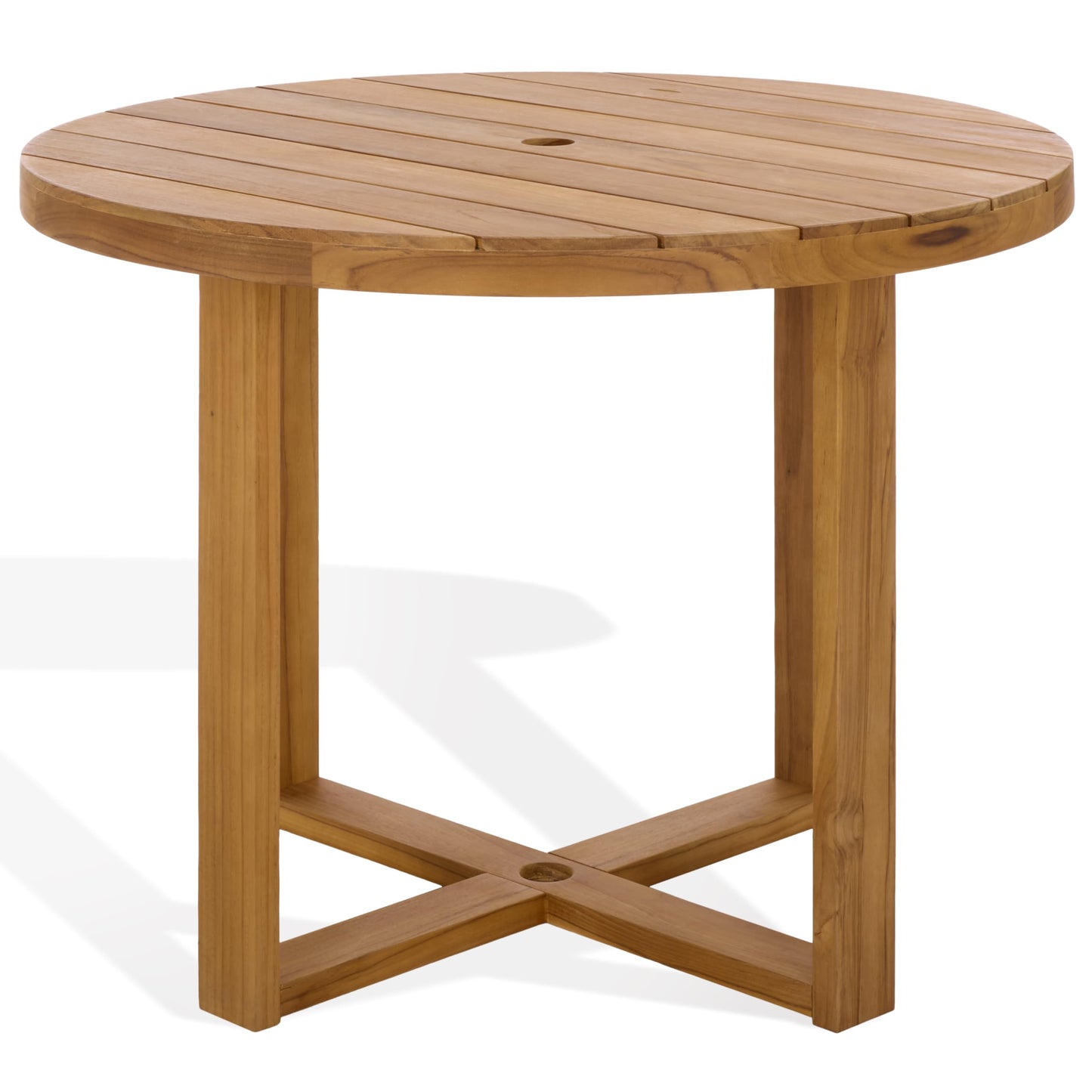 SAFAVIEH Couture Outdoor Patio Furniture Collection – Mayaguana Natural Teak Solid Wood Round Dining Table, Slatted Top with Umbrella Hole, Modern Outdoor Design (CPT1061A)