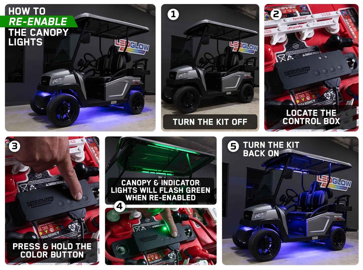 LEDGlow 12pc Million Color LED 6-Seater Limo Golf Cart Underglow Neon Lighting Kit w/Canopy & Wheel Well Lights Fits EZGO, Yamaha, Club Car, ICON, Evolution, Tomblerin, Star EV - for 12-Volt Battery