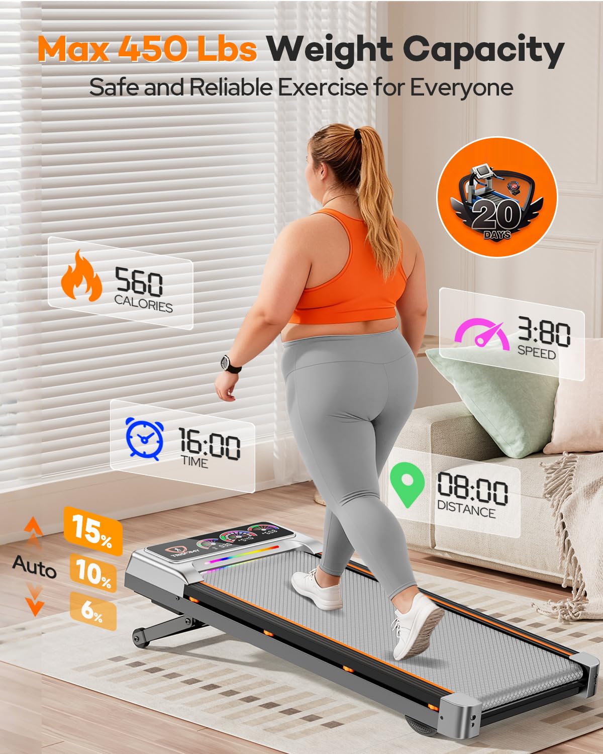 Walking Pad Treadmill with 15% 12-Level Auto Incline & UI Screen, Trisomy 3.5HP Foldable Under Desk Treadmill with Bluetooth Speaker, Portable Treadmills for Home Office 450LBS, Remote, RGB Light