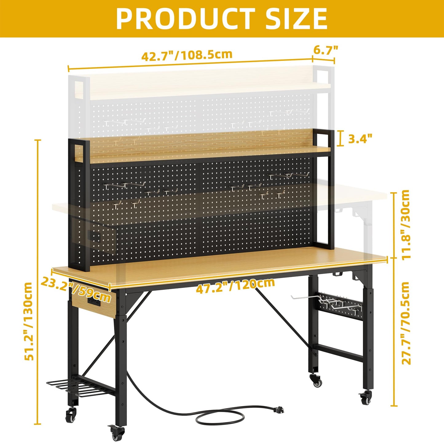 DWVO 48in Adjustable Rolling Workbench Heavy Duty with Pegboard & Wheels