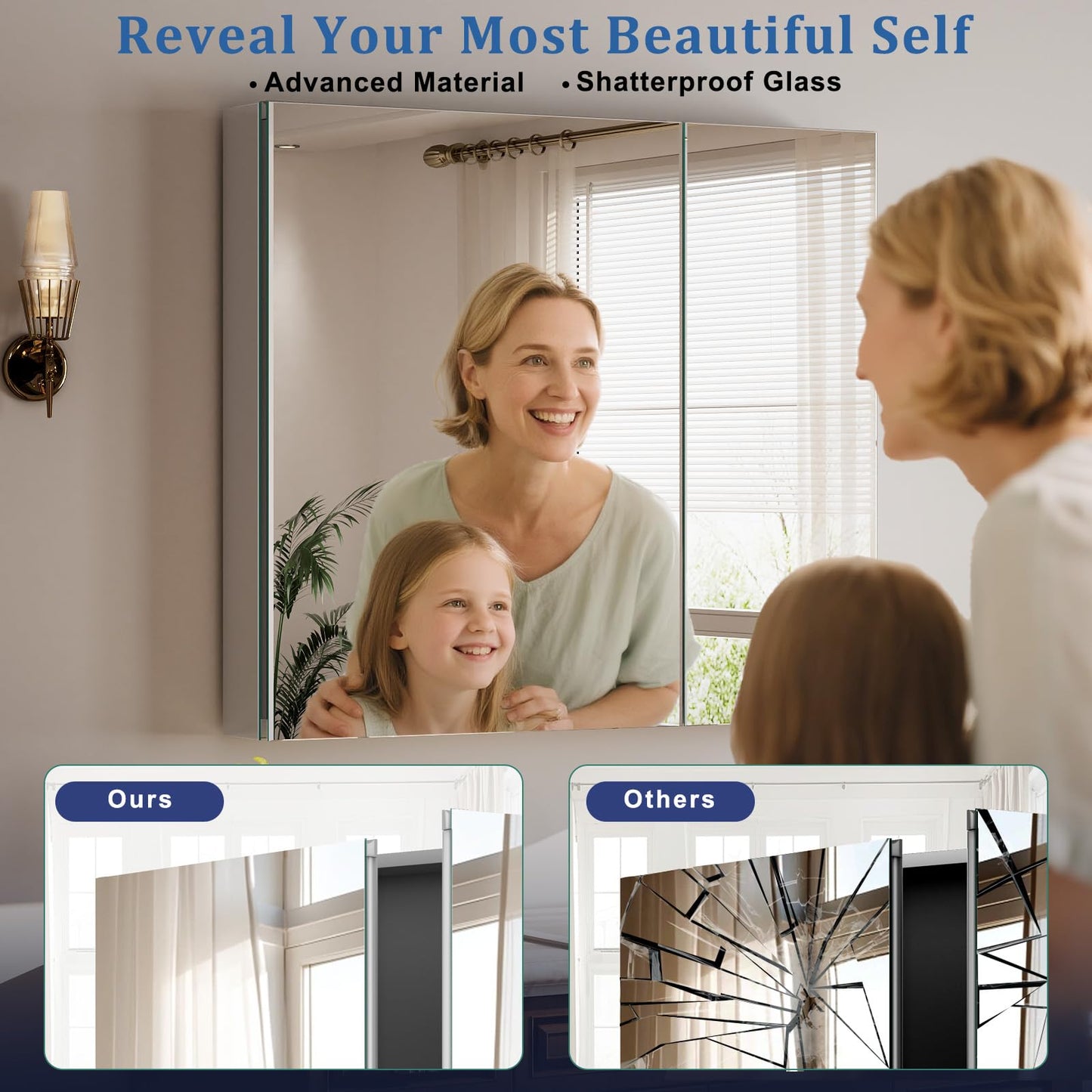 VETROVUE Bathroom Medicine Cabinet with Mirror, 30 Inch x 26 Inch Bathroom Mirror Cabinet with Double Door & Adjustable Shelves, Surface Mount or Recess Installation