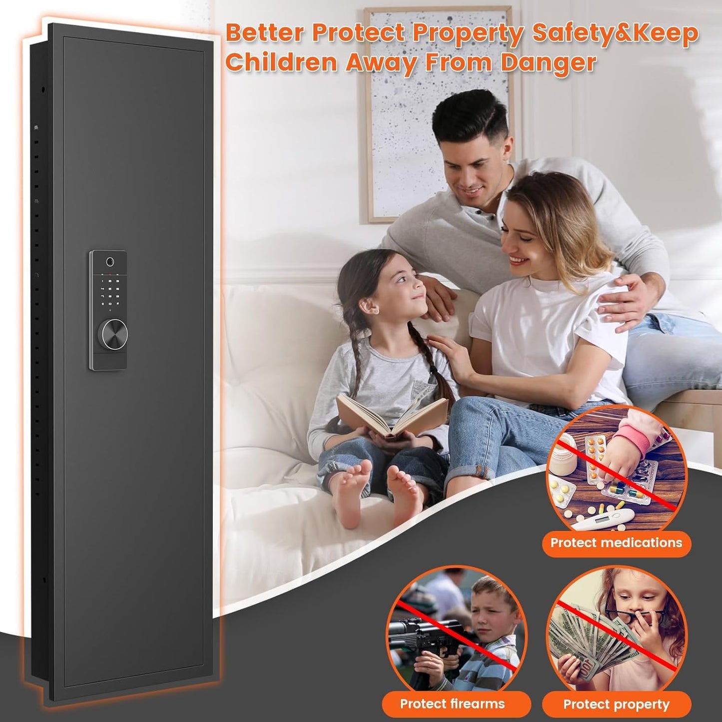 53" Tall Hidden Wall Safe with Fingerprint Lock - Fireproof & Waterproof, Dual Alarm System, 3 Adjustable Shelves, Magnetic Slot & Key Hooks - Modern Black Steel Construction