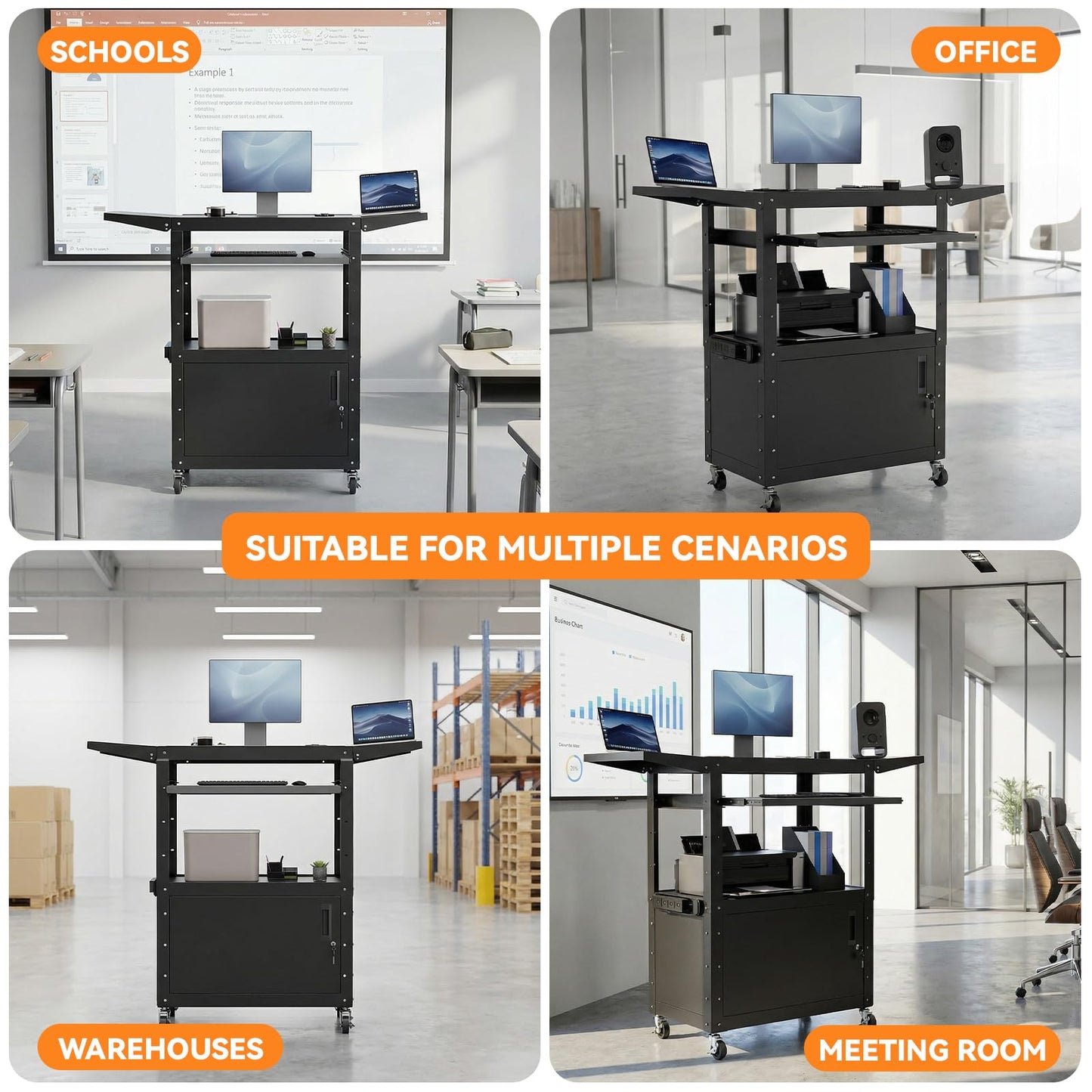 Mobile AV Cart with Drop Leaves & Adjustable Height, Rolling Computer Cart with Pullout Keyboard Tray – Locking Cabinet, 3 Outlets&2 USB Ports, Lock Brake Casters, Utility Cart for Office/Classroom