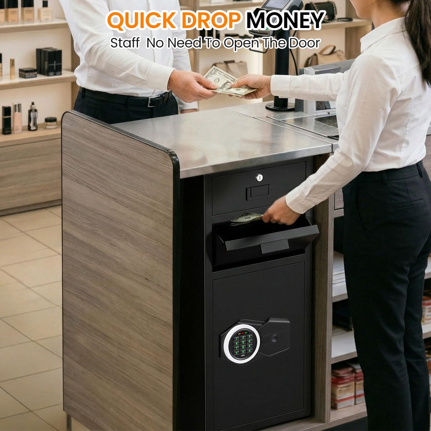 7.5 Cub Large Drop Safe for Business, Anti-Theft Depository Safe Box with Quick Place Drop Slot, Drawer, Digital Keypad, Spare Key, Heavy-duty Cash Drop Safes for Commercial Bussiness Retail Office